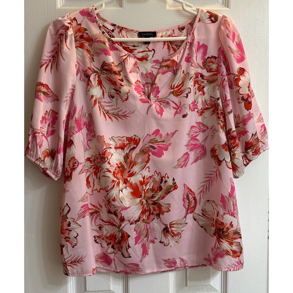 Talbots Pink Floral Split V-Neck Blouse Elbow Sleeve Top Medium